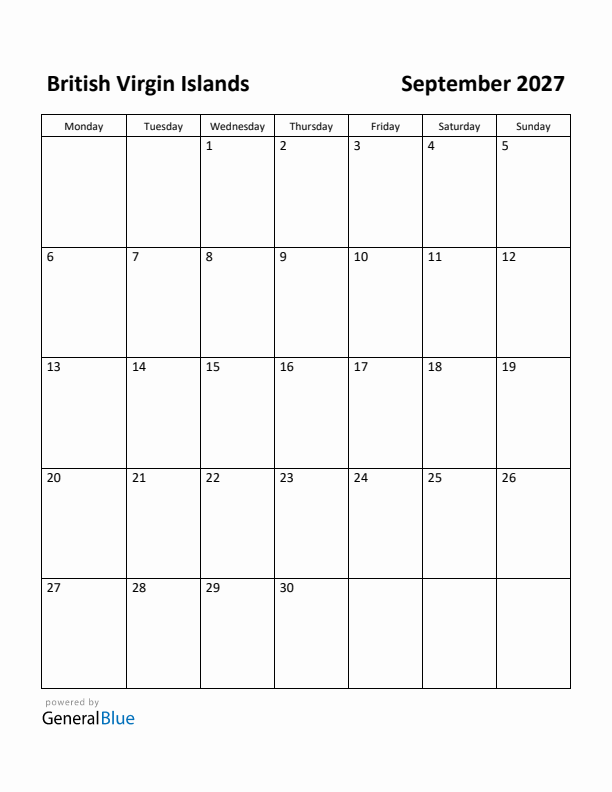 September 2027 Calendar with British Virgin Islands Holidays