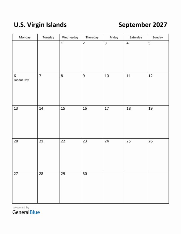 September 2027 Calendar with U.S. Virgin Islands Holidays