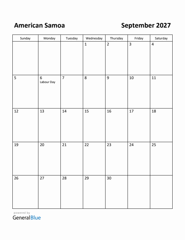 September 2027 Calendar with American Samoa Holidays