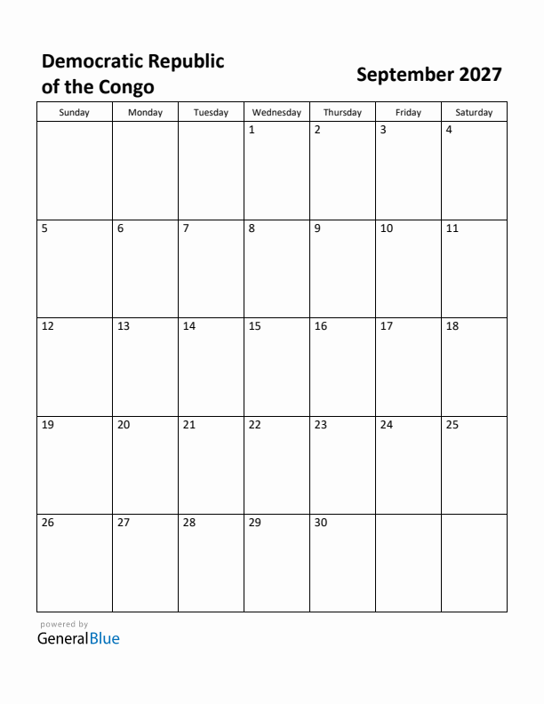 September 2027 Calendar with Democratic Republic of the Congo Holidays