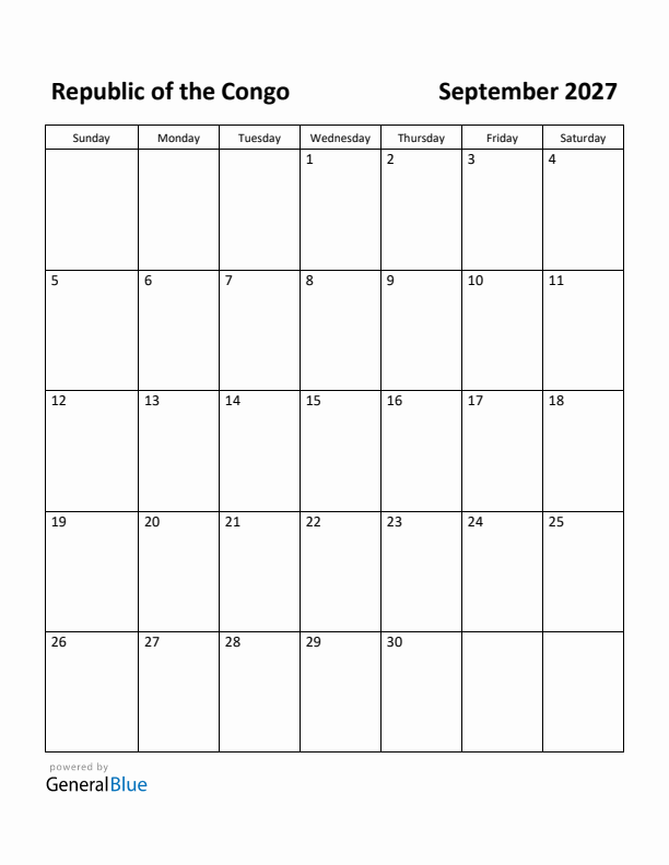 September 2027 Calendar with Republic of the Congo Holidays