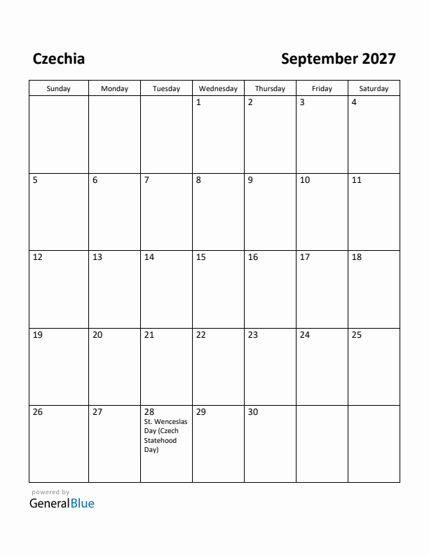 September 2027 Calendar with Czechia Holidays