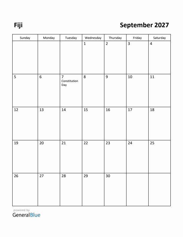 September 2027 Calendar with Fiji Holidays