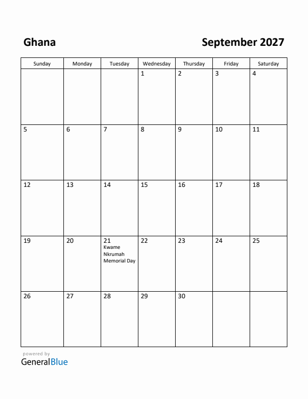 September 2027 Calendar with Ghana Holidays