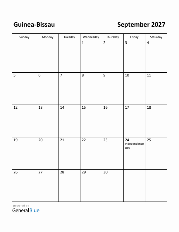September 2027 Calendar with Guinea-Bissau Holidays