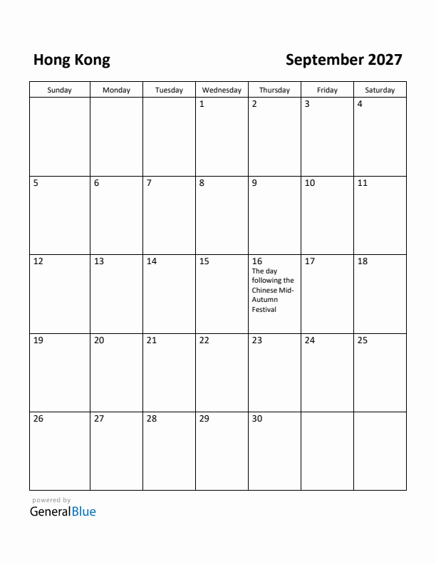 September 2027 Calendar with Hong Kong Holidays