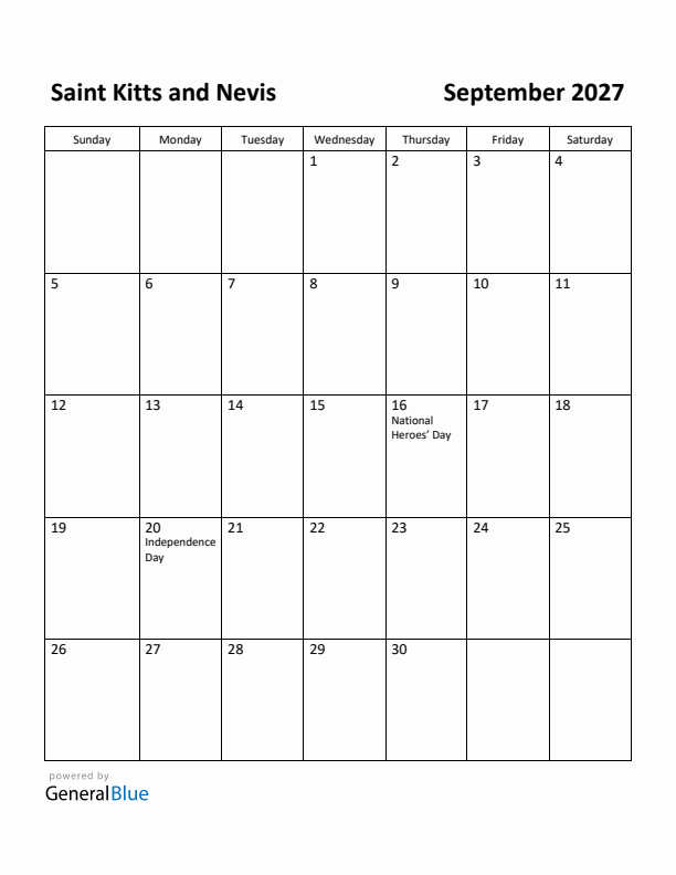September 2027 Calendar with Saint Kitts and Nevis Holidays
