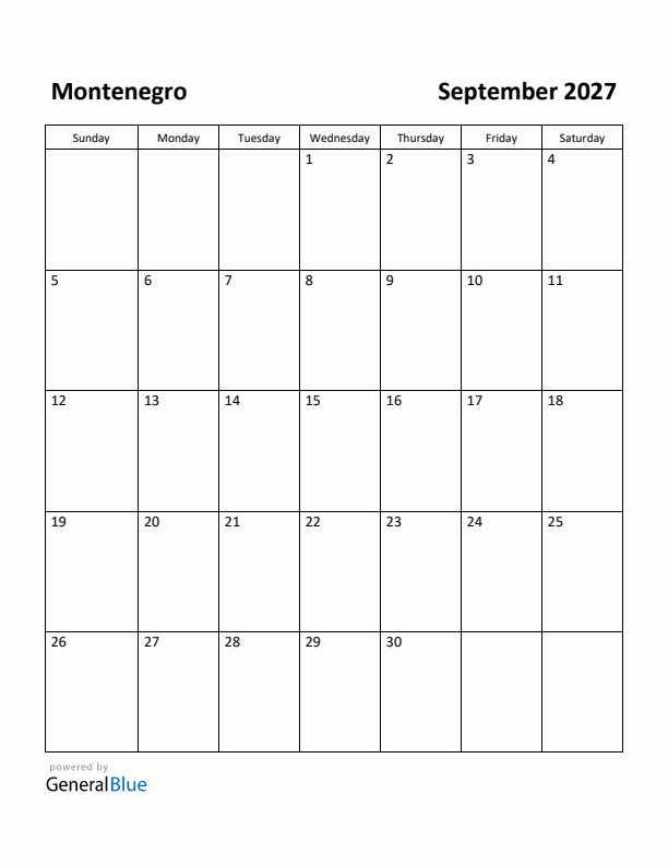 September 2027 Calendar with Montenegro Holidays
