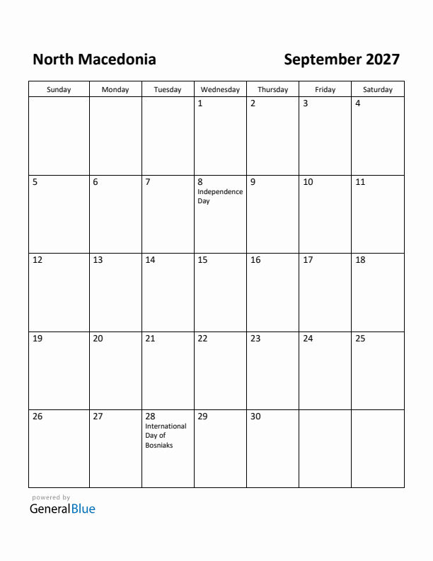 September 2027 Calendar with North Macedonia Holidays