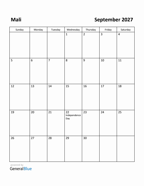 September 2027 Calendar with Mali Holidays