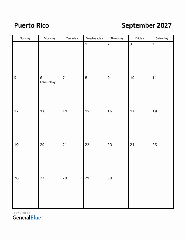 September 2027 Calendar with Puerto Rico Holidays