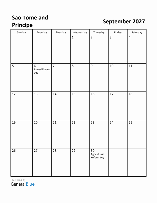 September 2027 Calendar with Sao Tome and Principe Holidays