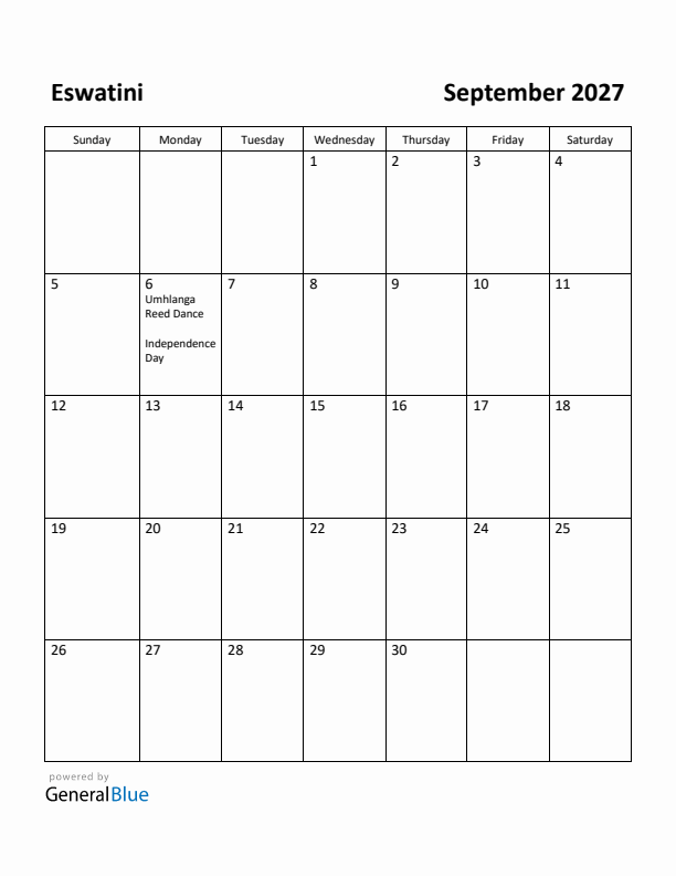 September 2027 Calendar with Eswatini Holidays