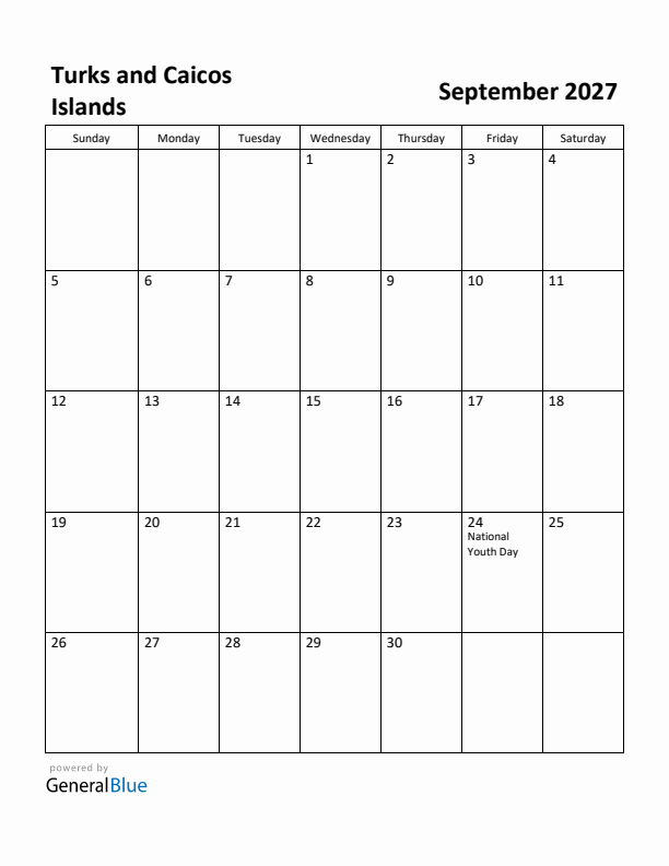 September 2027 Calendar with Turks and Caicos Islands Holidays