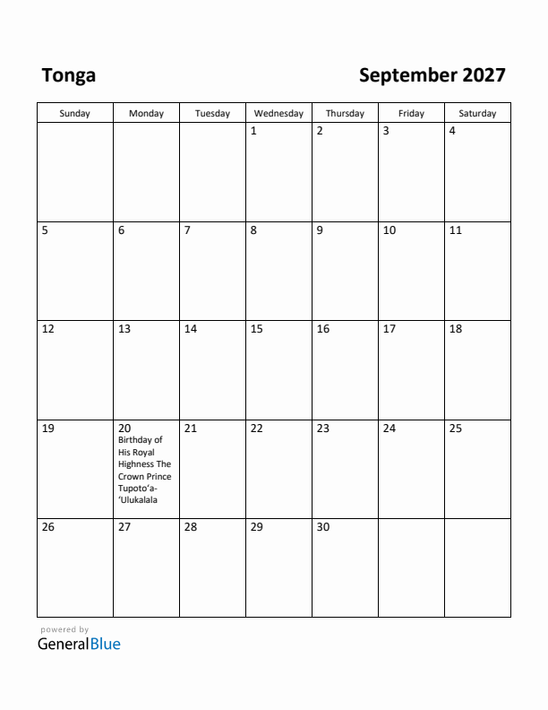 September 2027 Calendar with Tonga Holidays