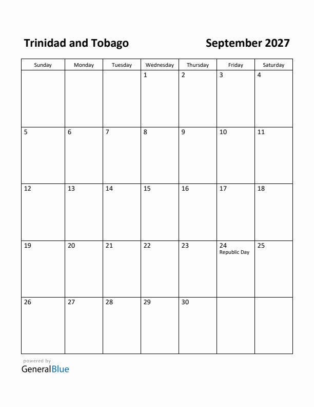 September 2027 Calendar with Trinidad and Tobago Holidays