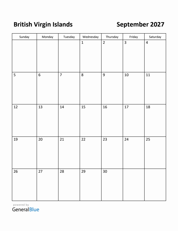 September 2027 Calendar with British Virgin Islands Holidays