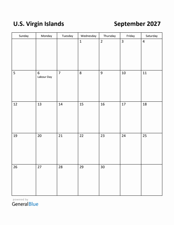 September 2027 Calendar with U.S. Virgin Islands Holidays