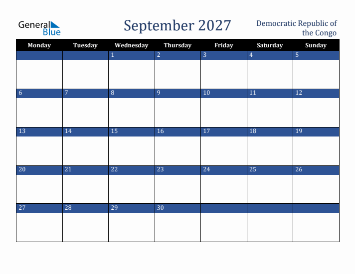 September 2027 Democratic Republic of the Congo Calendar (Monday Start)