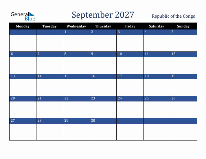 September 2027 Republic of the Congo Calendar (Monday Start)