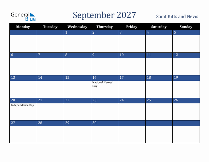 September 2027 Saint Kitts and Nevis Calendar (Monday Start)
