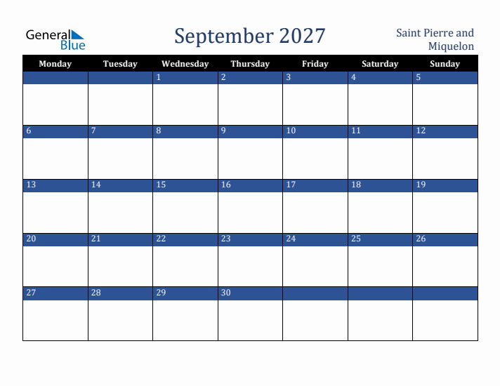 September 2027 Saint Pierre and Miquelon Calendar (Monday Start)