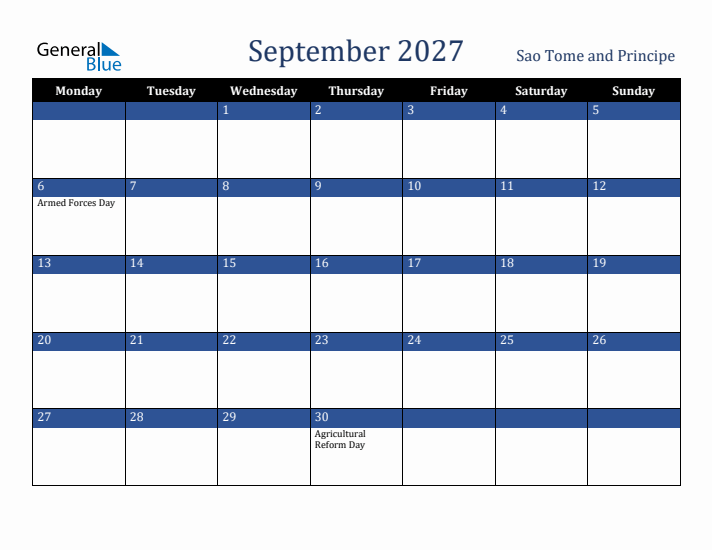 September 2027 Sao Tome and Principe Calendar (Monday Start)