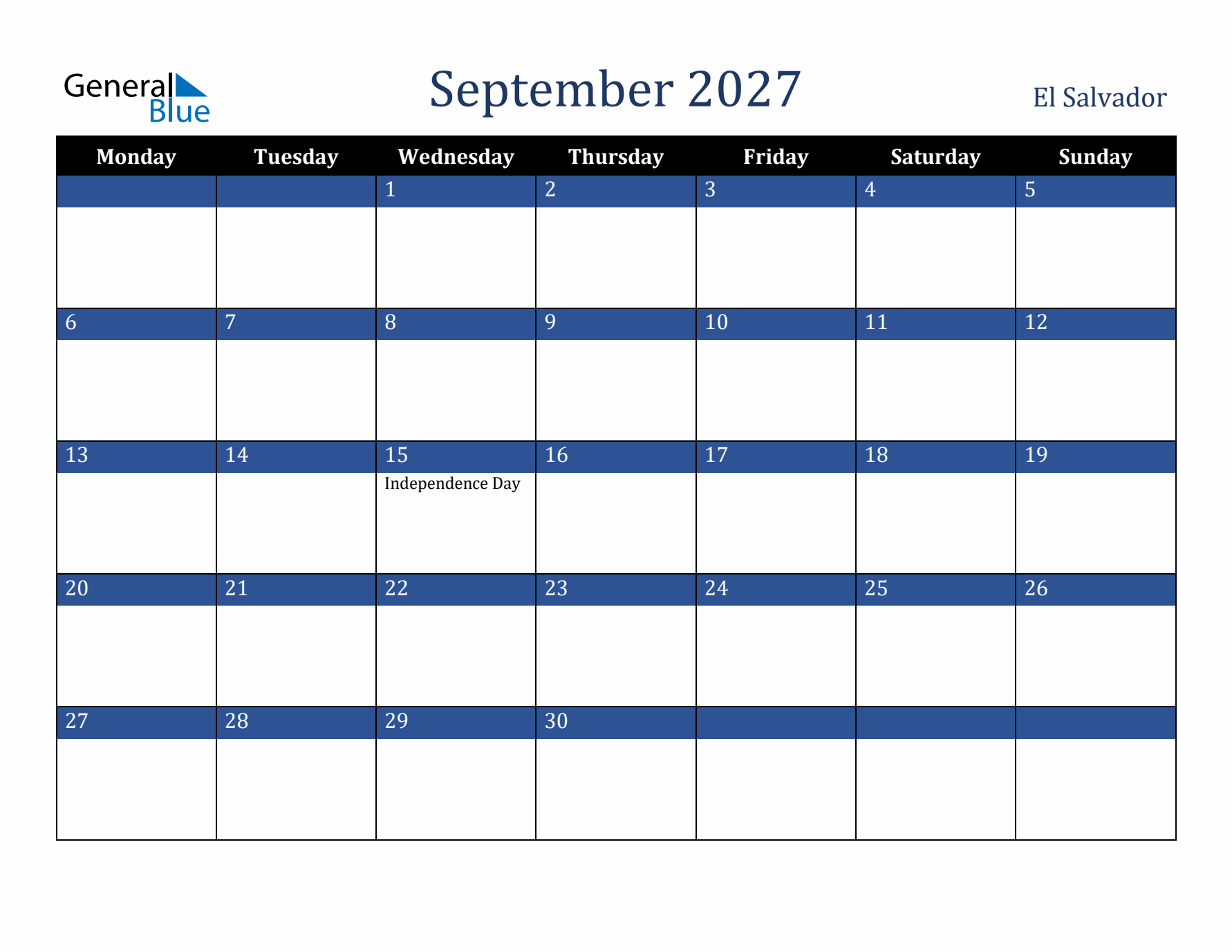 September 2027 El Salvador Calendar (Monday Start)