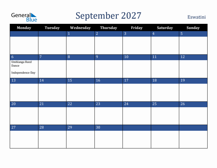 September 2027 Eswatini Calendar (Monday Start)