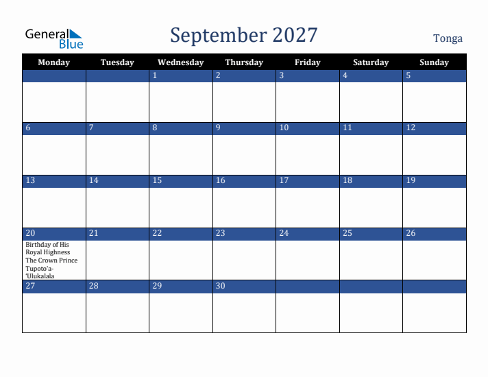 September 2027 Tonga Calendar (Monday Start)