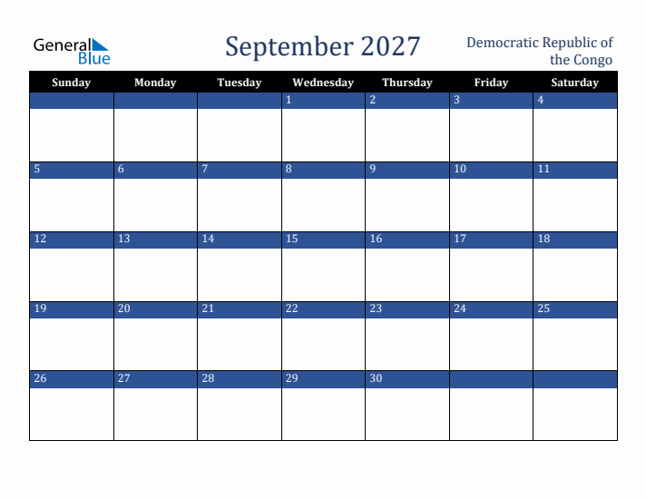 September 2027 Democratic Republic of the Congo Calendar (Sunday Start)
