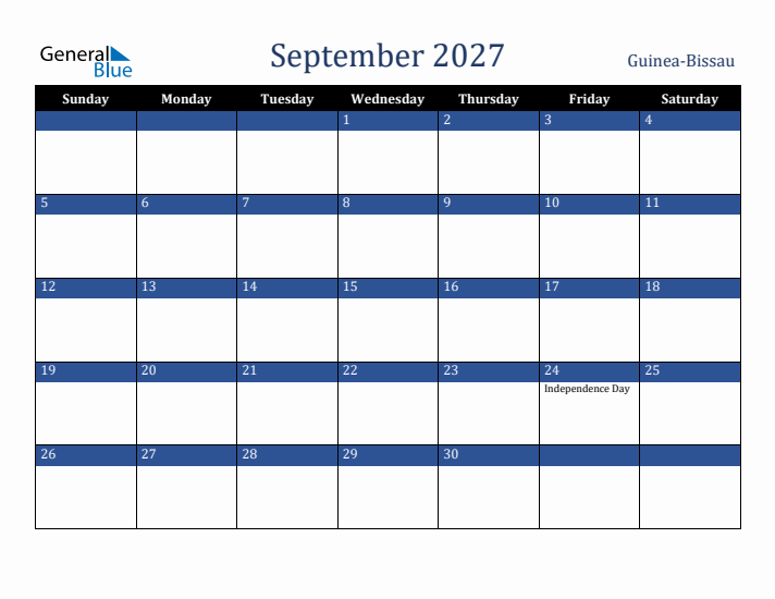 September 2027 Guinea-Bissau Calendar (Sunday Start)