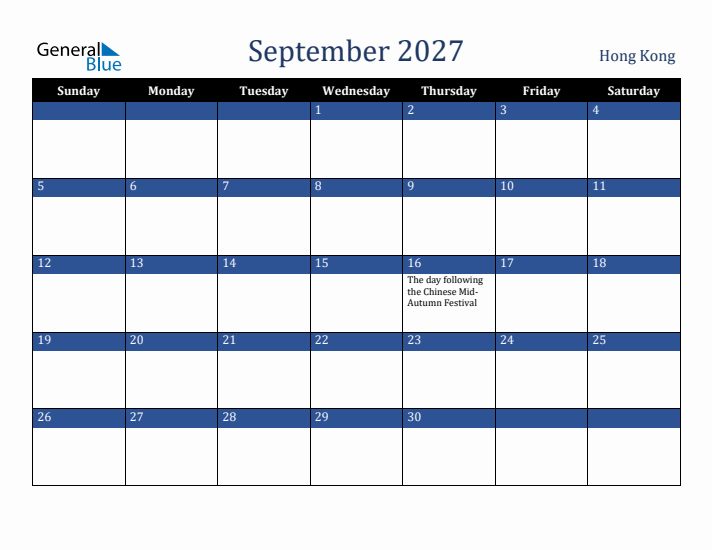 September 2027 Hong Kong Calendar (Sunday Start)