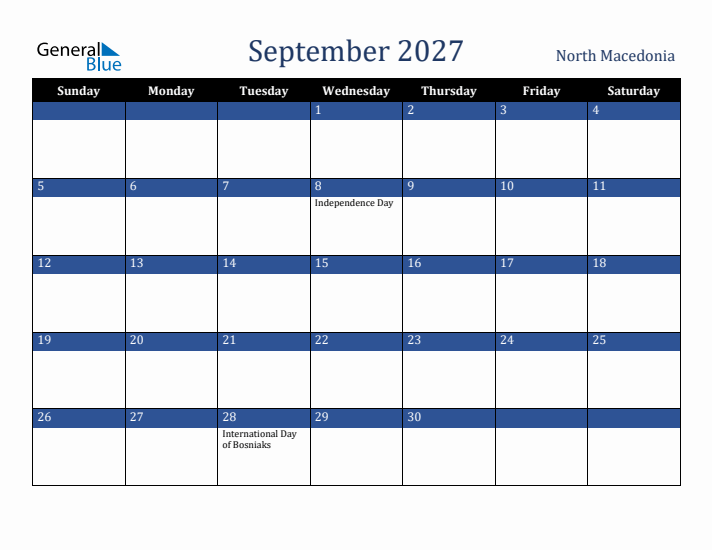 September 2027 North Macedonia Calendar (Sunday Start)