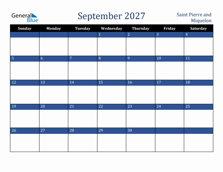 September 2027 Saint Pierre and Miquelon Calendar (Sunday Start)