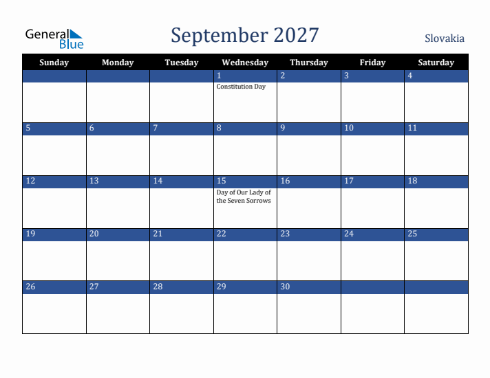 September 2027 Slovakia Calendar (Sunday Start)