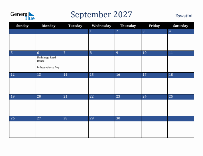 September 2027 Eswatini Calendar (Sunday Start)