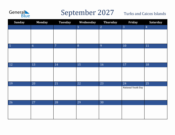 September 2027 Turks and Caicos Islands Calendar (Sunday Start)