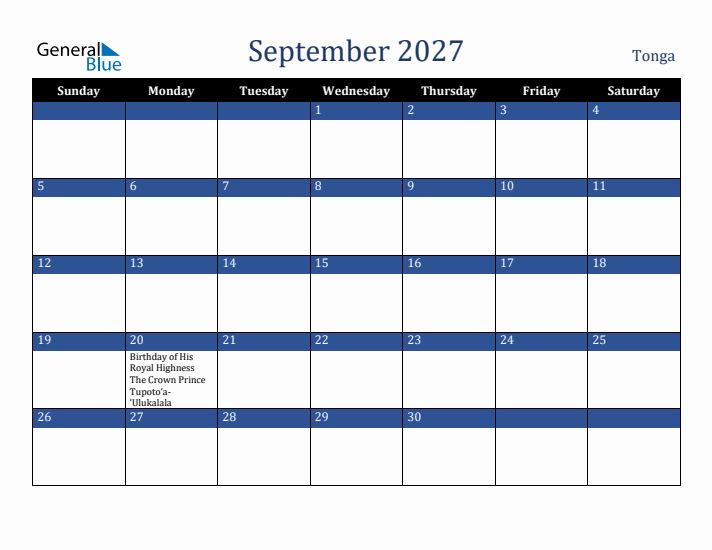 September 2027 Tonga Calendar (Sunday Start)