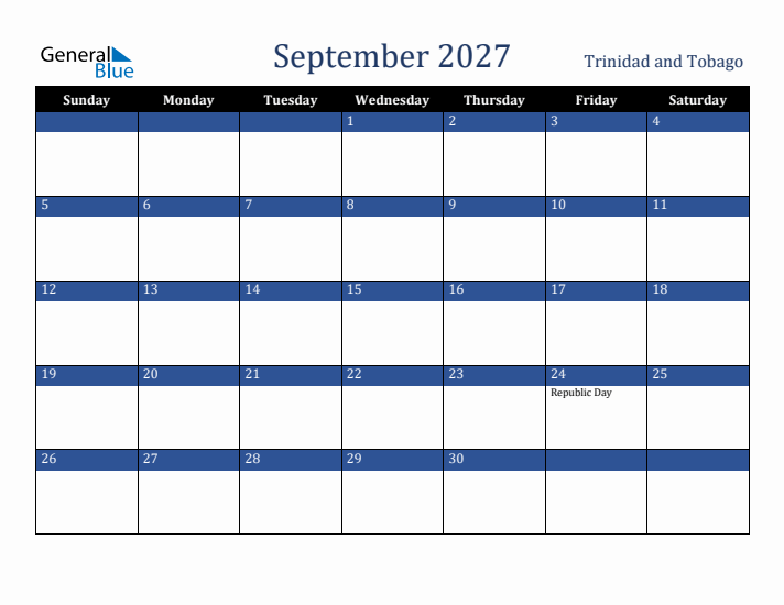 September 2027 Trinidad and Tobago Calendar (Sunday Start)