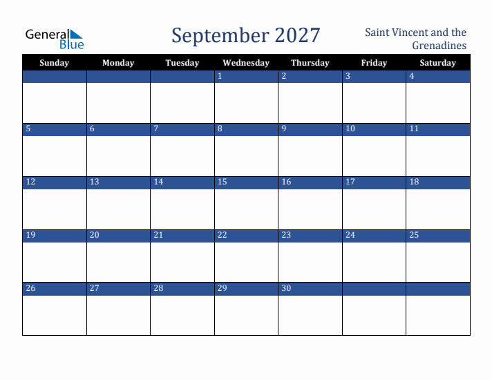 September 2027 Saint Vincent and the Grenadines Calendar (Sunday Start)