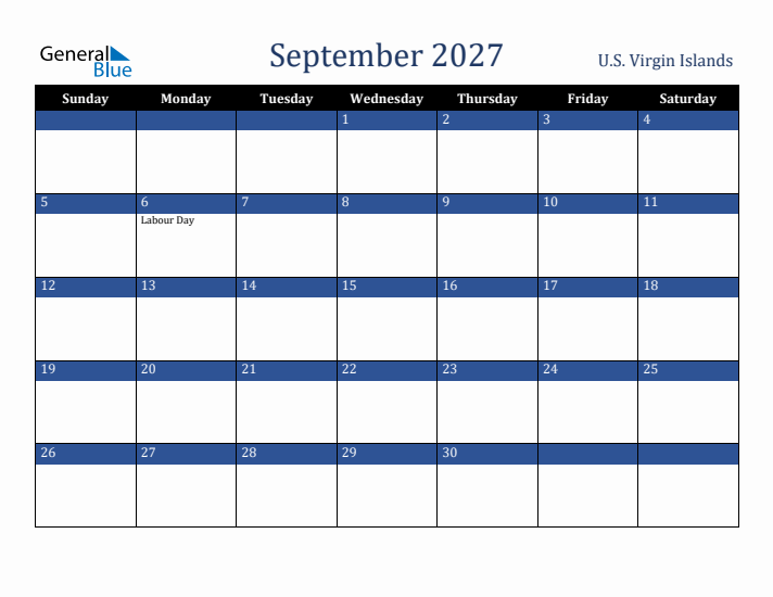 September 2027 U.S. Virgin Islands Calendar (Sunday Start)