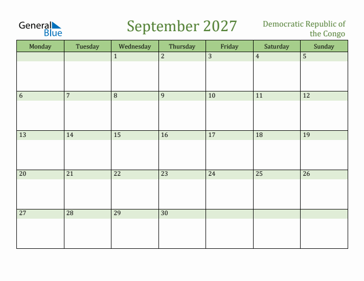 September 2027 Calendar with Democratic Republic of the Congo Holidays
