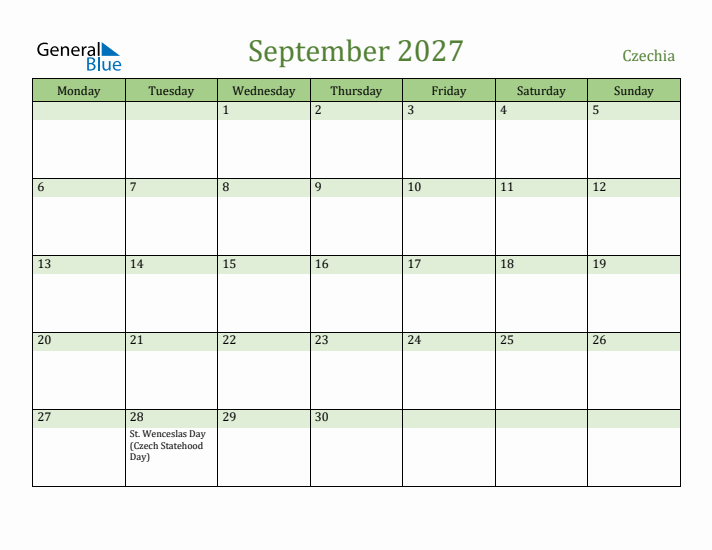 September 2027 Calendar with Czechia Holidays