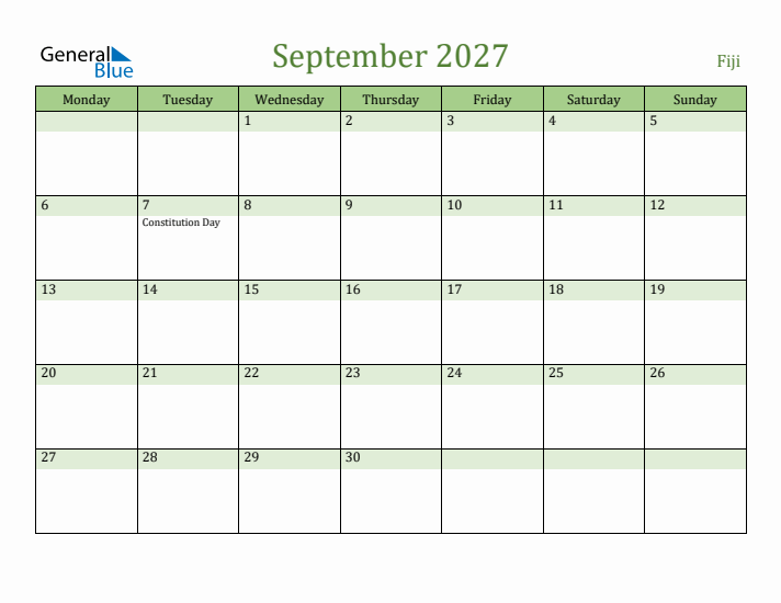 September 2027 Calendar with Fiji Holidays