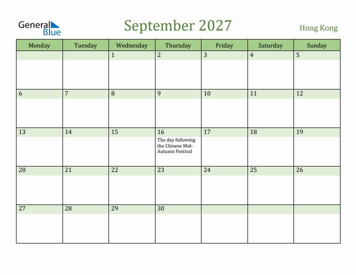 September 2027 Calendar with Hong Kong Holidays