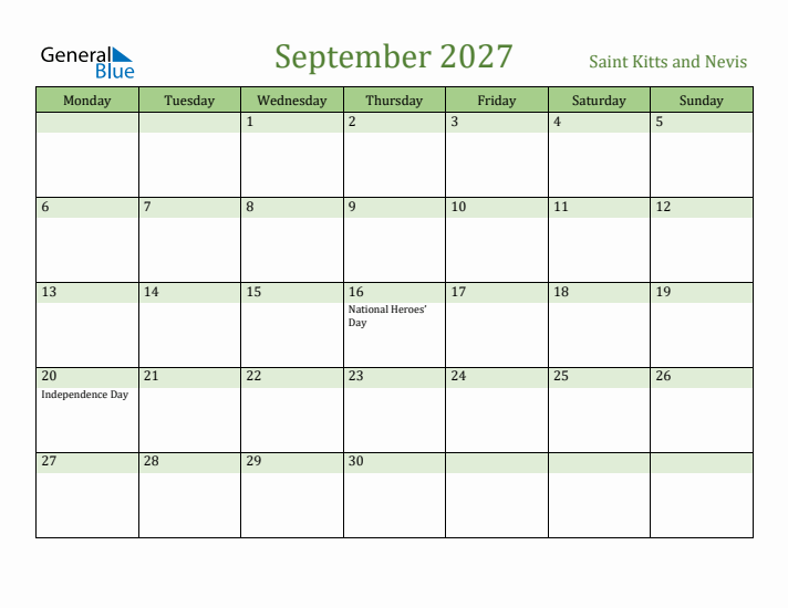 September 2027 Calendar with Saint Kitts and Nevis Holidays