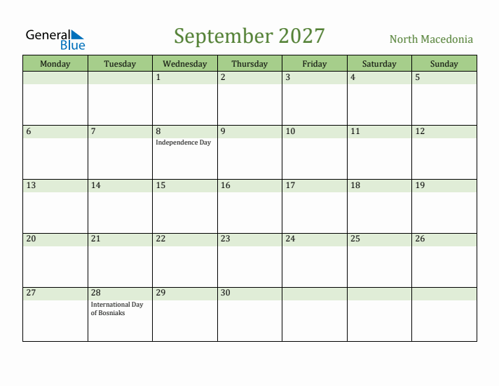 September 2027 Calendar with North Macedonia Holidays