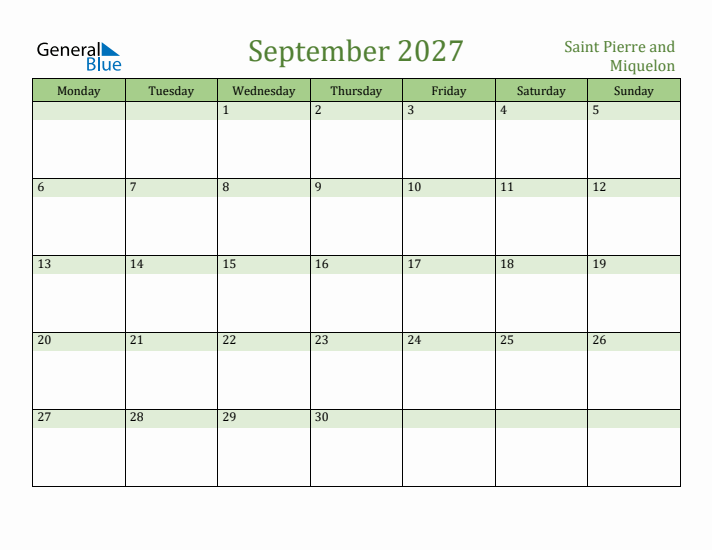 September 2027 Calendar with Saint Pierre and Miquelon Holidays