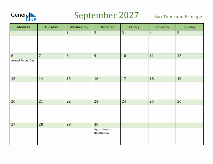 September 2027 Calendar with Sao Tome and Principe Holidays